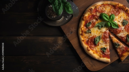 Pepperoni Pizza with Fresh Tomatoes, Mozzarella, Salami, Cheese, and Basil, Delicious Organic Pizza with Vegetables on Wooden Table - Italian Cuisine. Generative AI