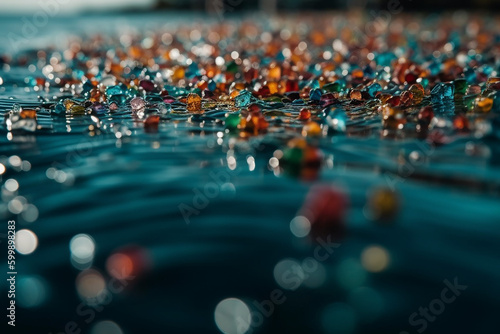 Microplastic particles float in the ocean, water pollution. Save planet concept. Generative AI