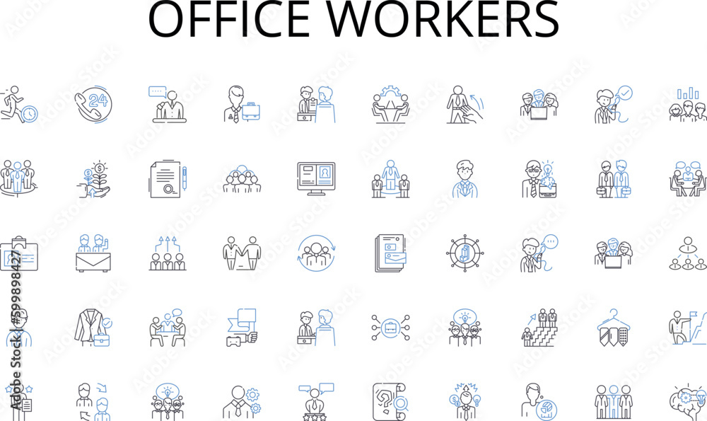 Office workers line icons collection. Planning, Alignment, Execution, Innovation, Competitive advantage, Vision, Growth vector and linear illustration. Market analysis,Risk management,Mergers outline