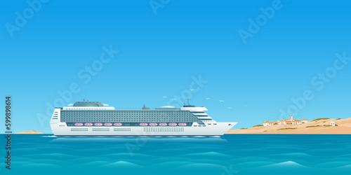 Cruise ship floating at sea. Traveling by cruise ship at sea. Warm seascape with a cruise ship. Traveling by sea, and ocean.