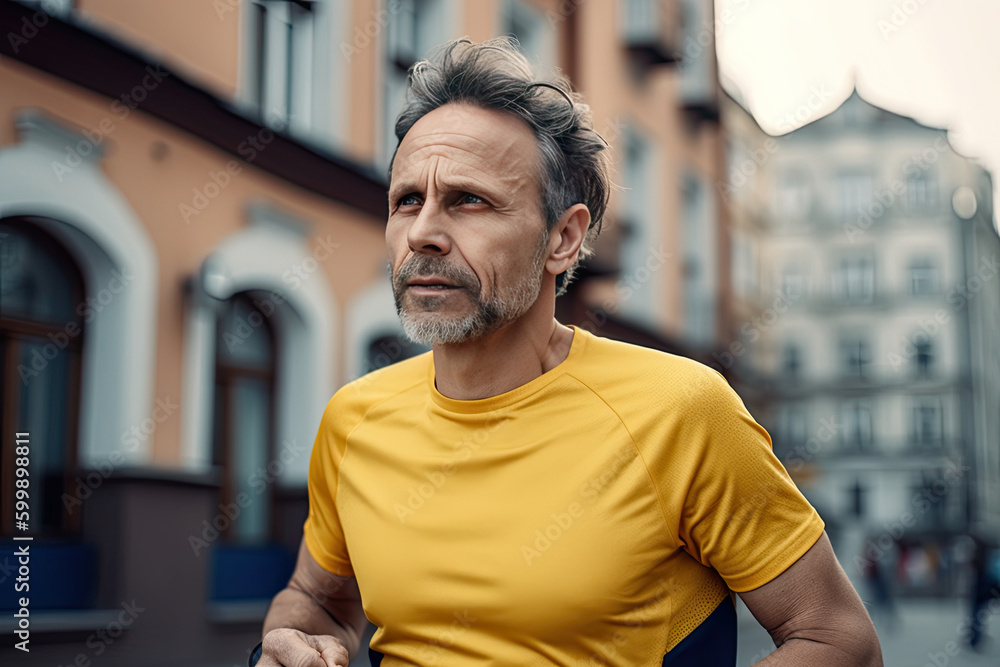 Portrait of 50 years old man in yellow sport clothes running. Male