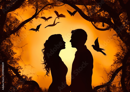 Representation of love, romance and wedding. For invitation, greeting card, background or banner use. Their silhouettes create a symbol of love in a beautiful, artistic way. AI generated illustration.