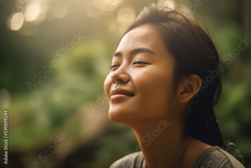 An Asian beautiful woman is taking a deep breath in park with good and fresh air and Ozone , Generatived AI.