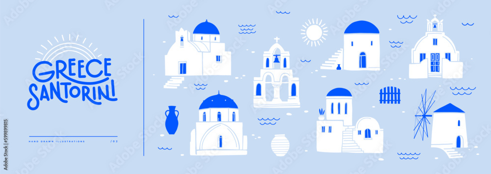 Collection of Greek architecture of Santorini island. Traditional white windmills and temples with blue roofs. Design elements for souvenir products. Vector illustration isolated. - obrazy, fototapety, plakaty 