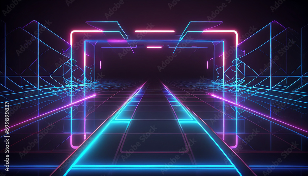 Glowing neon lights and grid in abstract futuristic design, Generative AI Glowing neon lights and grid in abstract futuristic design, Generative AI