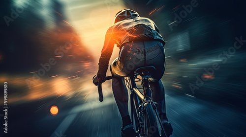 A cyclist rides on a road with a blurry background