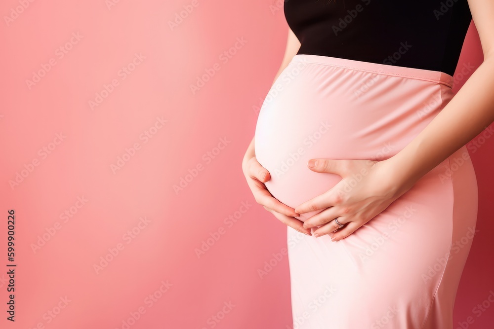 A pregnant caucasian woman strokes her belly on red background. Place for text. Copy space. Waiting for the birth of a child. High quality photo Generative AI - obrazy, fototapety, plakaty 