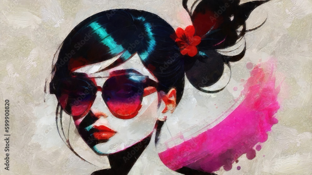 Fashion illustration of a beautiful young woman in sunglasses on a grunge background.