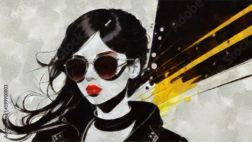 Fashion illustration of a beautiful young woman in sunglasses on a grunge background.