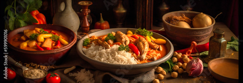chicken curry and vegetables on a table with rice