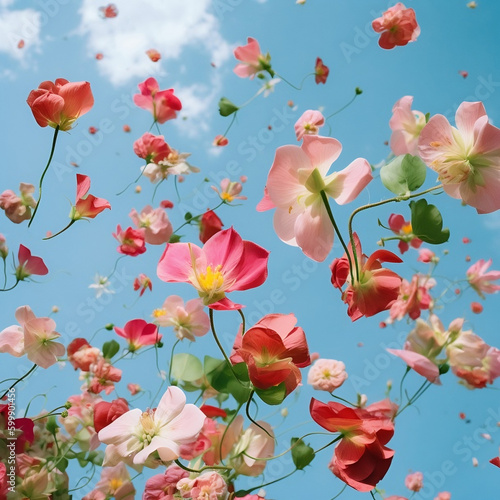 Colorful flowers float in the air. Generative AI © BecaStudio