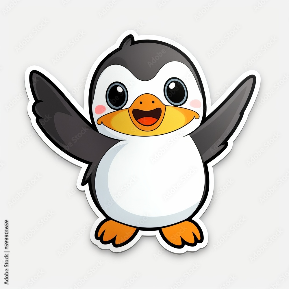 Naklejka premium A joyful chibi Penguin sticker with a white background, radiating happiness and positivity in its cute chibi form, cute penguin sticker, Generative AI