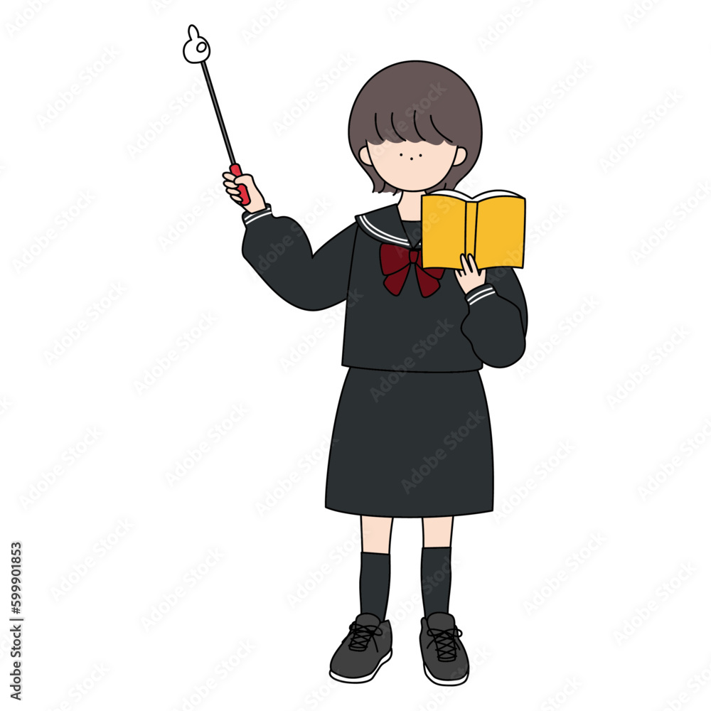 指差し棒と本を持って説明するセーラー服の女の子