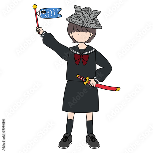 鯉のぼりを掲げる新聞のカブトと刀を持った制服の女の子