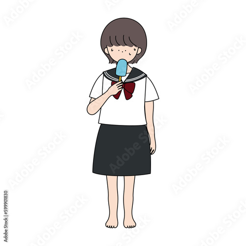 裸足でアイスクリームを食べるセーラー服の女の子
