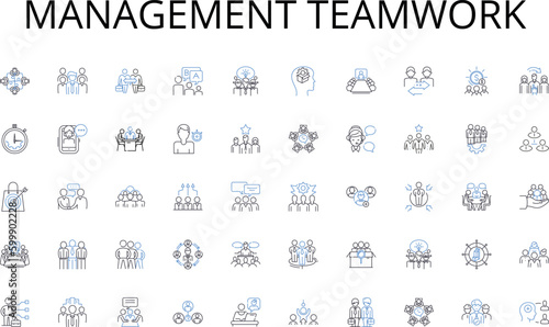 Management teamwork line icons collection. Display, Search, Video, Social, PPC, CPM, Retargeting vector and linear illustration. Native,Mobile,AdSense outline signs set