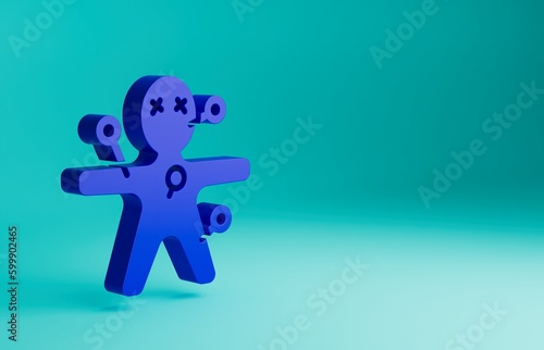 Blue Voodoo doll icon isolated on blue background. Happy Halloween party. Minimalism concept. 3D render illustration