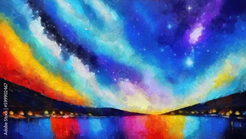 Abstract painting of colorful starry sky and sea on canvas background.