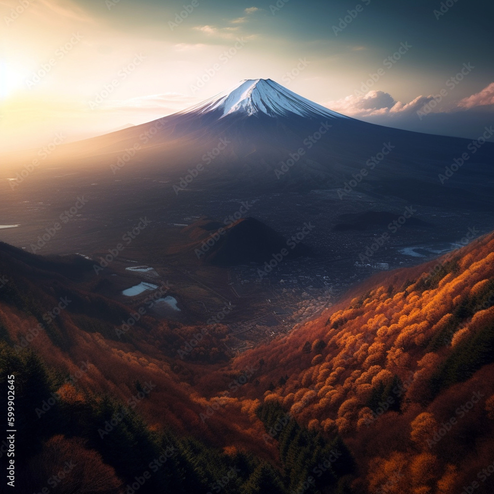 Mount Fuji at sunrise. beautiful fuji mountain. AI Generative