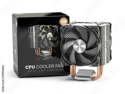 CPU cooler with heatpipes  and packing box isolated on white background. photo