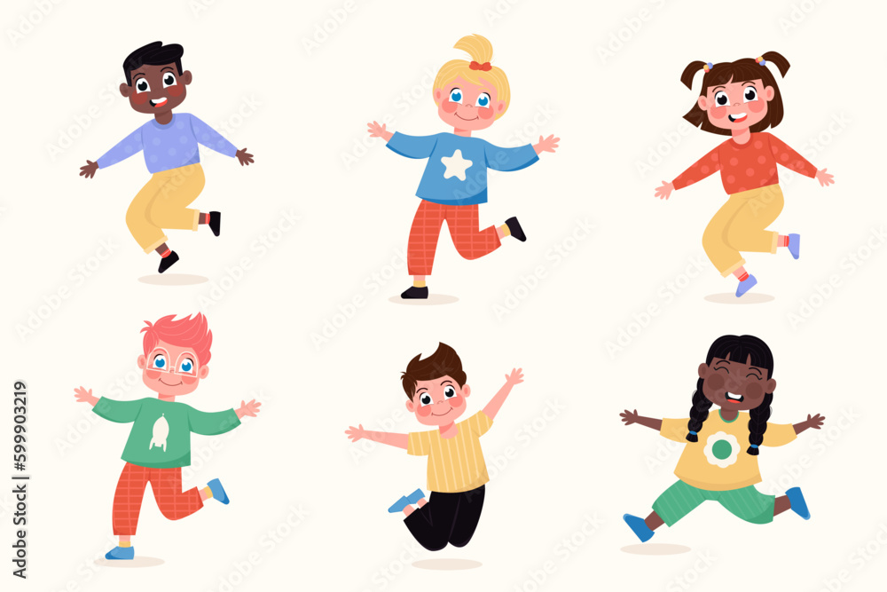 Set of happy international children girls and boys standing in different poses jumping in flat style Set of happy international children girls and boys standing in different poses jumping in flat style