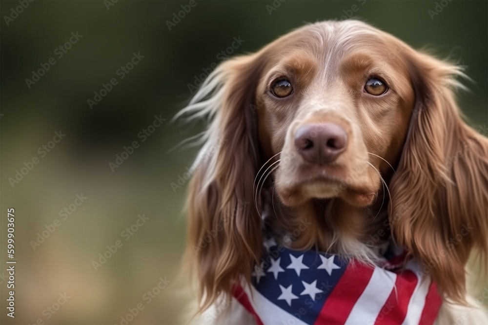 Brittany Spaniel dog with American flag neckerchief. Generative AI illustration