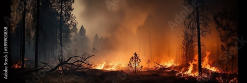 A dramatic and atmospheric image of a wildfire raging through a forest, with flames licking at the trees and smoke obscuring the sky, concept of Natural disaster, created with Generative AI technology