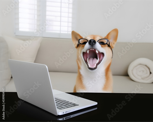 Happy shiba inu dog with eyeglasses in front of laptop.