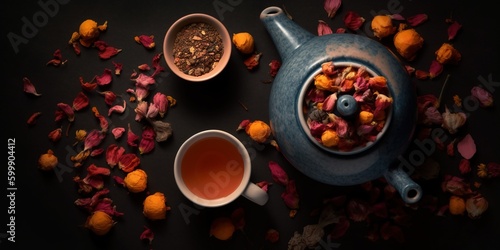 Top view of ceramic teapot and cup of hot drink placed on table near dried flowers in vase and stone with floral petals With Generative AI technology