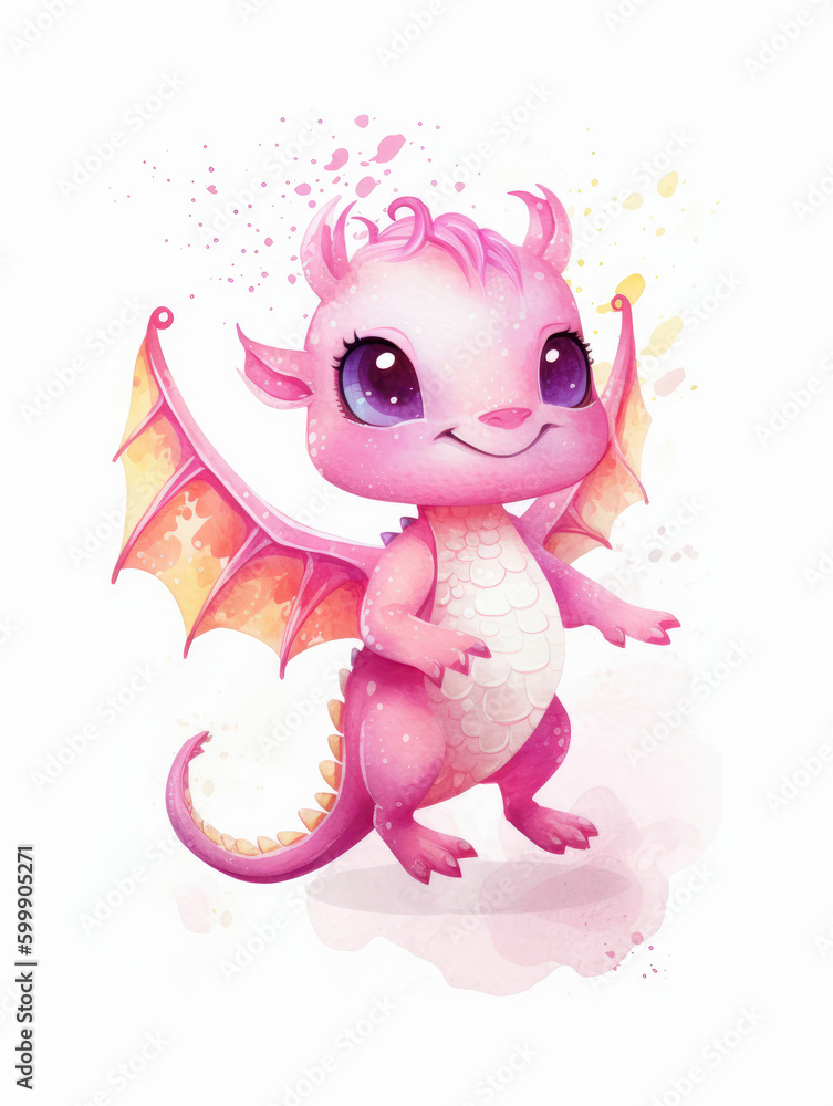 Fototapeta premium Watercolor Cute Pink Dragon Cartoon Nursery Illustration Isolated on White Background. Colorful Digital Animal Art for Kids