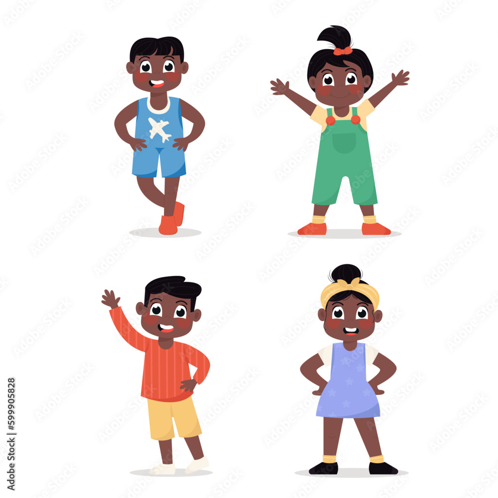 Set of happy African American children girls and boys standing in different poses in flat style Set of happy African American children girls and boys standing in different poses in flat style