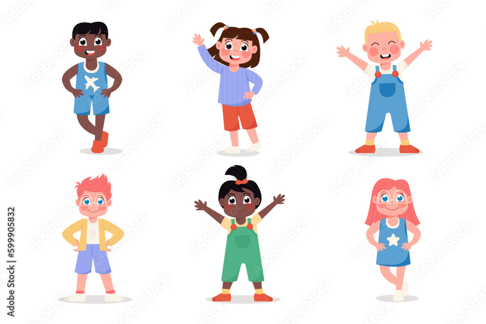 Set of happy international children girls and boys standing in different poses, flat style