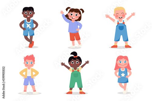 Set of happy international children girls and boys standing in different poses  flat style