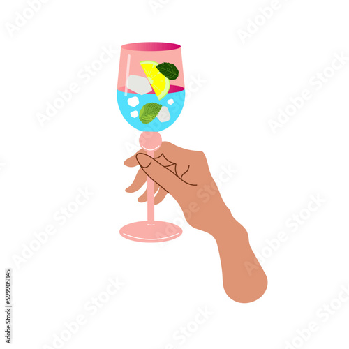 Hand holds a glass with a refreshing summer cocktail. Summer aperitif, alcoholic drink. Vector illustration isolated on white background.