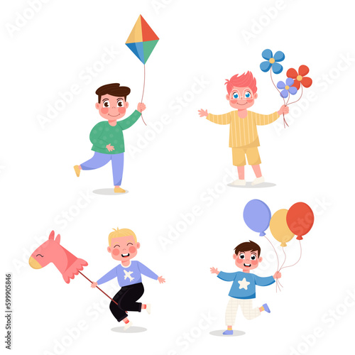 Boys happy children set with balloons, horse, flowers and kite in flat style