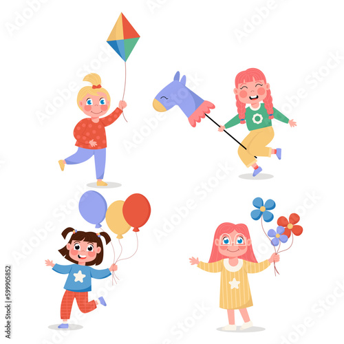 Set of happy children girls with balloons, horse, flowers and kite in flat style