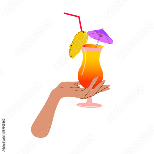 Hand holds a glass with a refreshing summer cocktail. Summer aperitif, alcoholic drink. Vector illustration isolated on white background.