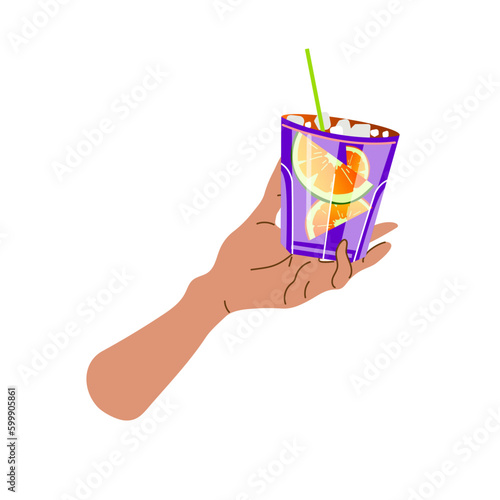 Hand holds a glass with a refreshing summer cocktail. Summer aperitif, alcoholic drink. Vector illustration isolated on white background.