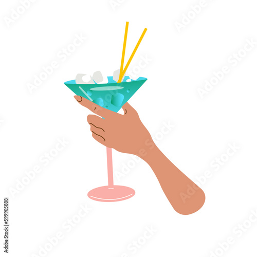 Hand holds a glass with a refreshing summer cocktail. Summer aperitif, alcoholic drink. Vector illustration isolated on white background.