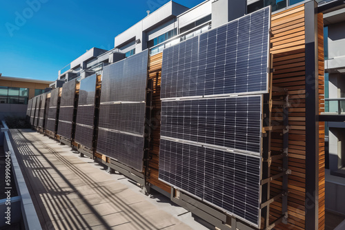 Flexible solar panels on building fence. Use of solar power plants on buildings. Generative AI