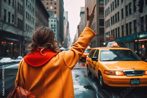 Woman in yellow calling taxi, waving on a road in city. Big city lifestyle, driving in taxi. Traffic in city. Generative AI