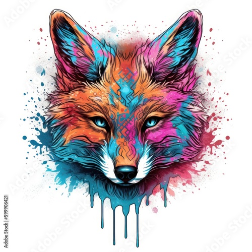 Colorful Fox Head in Dark Bronze and Azure Neonpunk Style Lith Print. Perfect for Posters and Invitations. Generative AI