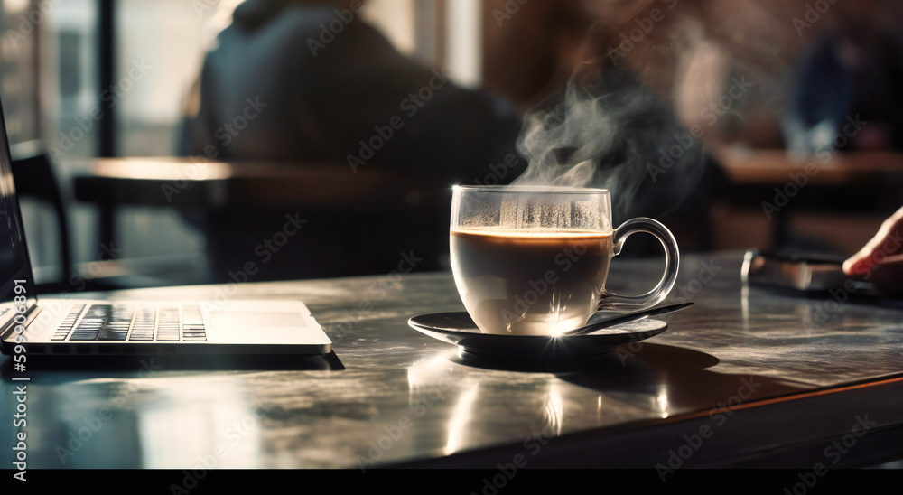 an open laptop with a man sitting to the side and a cup of coffee an open laptop with a man sitting to the side and a cup of coffee