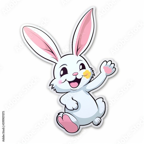 A cute cartoon rabbit sticker with a white background, exuding playful and cheerful vibes. The rabbit is depicted in a delightful and animated pose, Generative AI