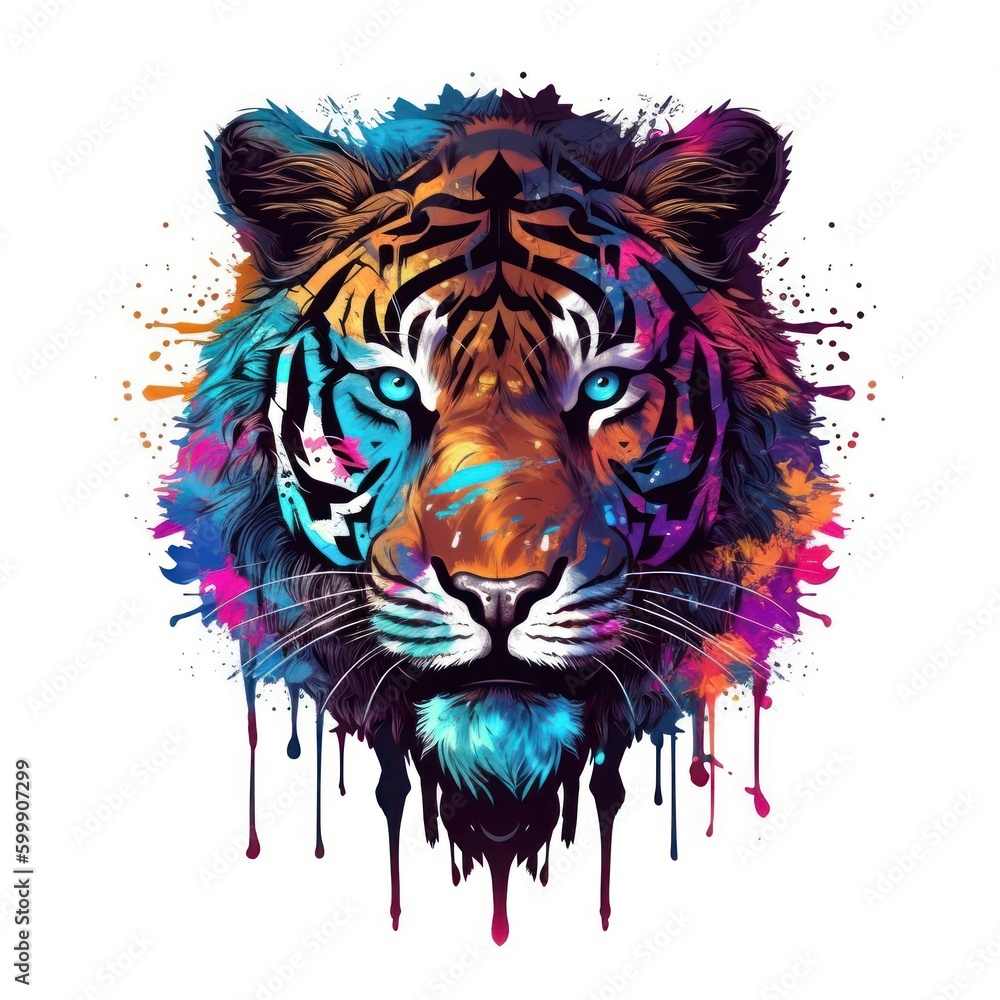 Bronze and Neonpunk Tiger Head with Colorful Paint Lith Print. Perfect for Posters and Web. Generative AI