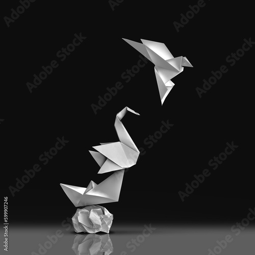 Pursuing Excellence and aspiring to greatness or climbing higher concept and advancing to new heights metaphor as origami paper sculptures as symbols of personal development or business training.
