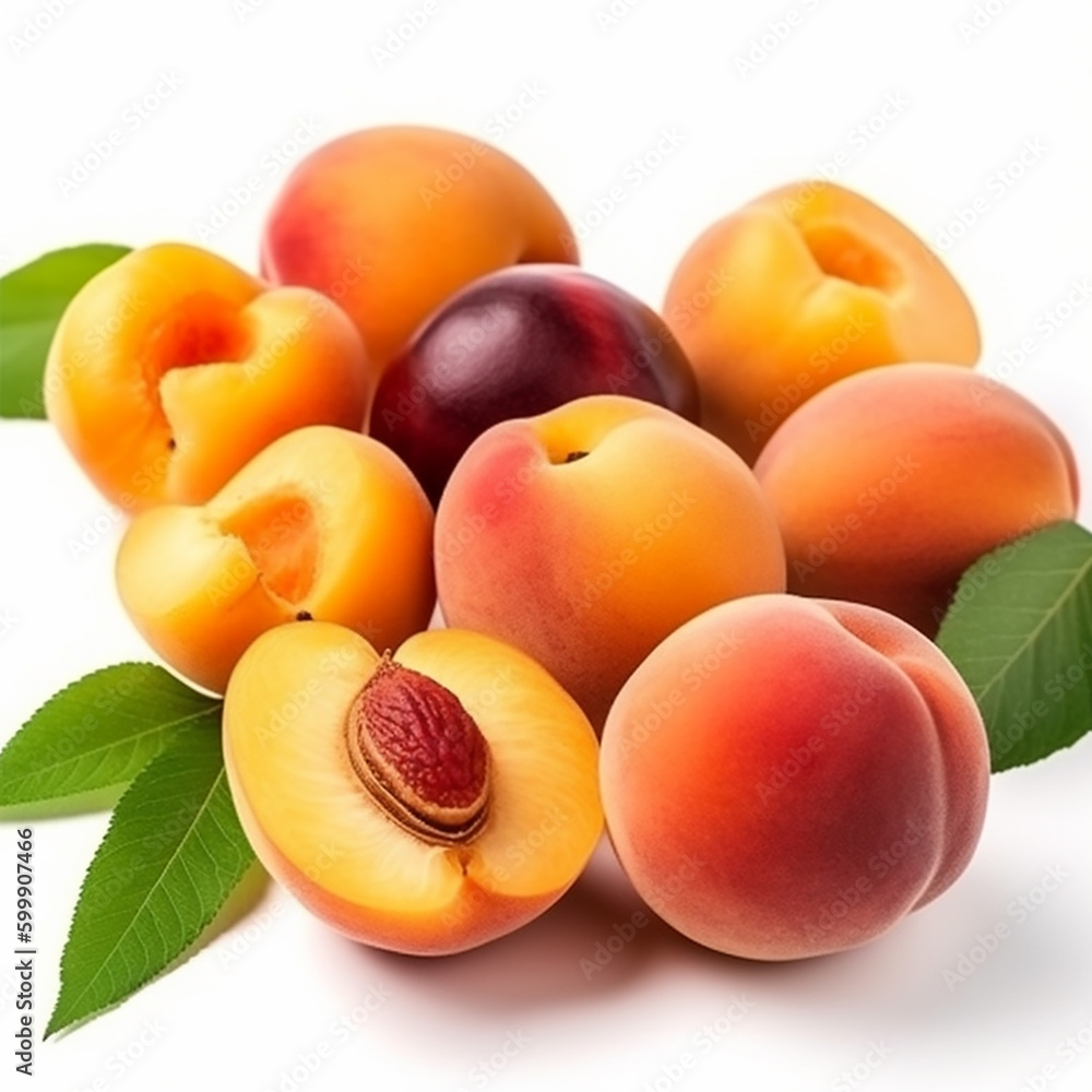 Delicious fresh yellow ripe apricots isolated on white background close-up, lovely food background for package design, ai generative
