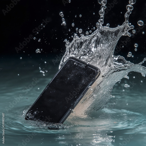 Smartphone falls into the water, splashes in all directions, close-up, disaster, breakdown of the smartphone, ai generative