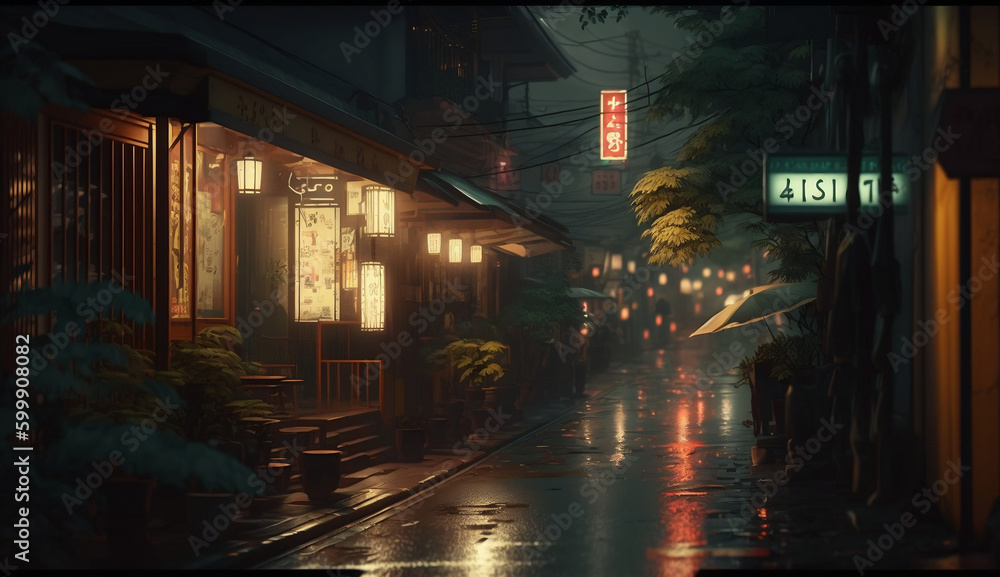  Traditional Japanese Town at Night, Classic, Retro, After the Rain, Illustration, Generative AI