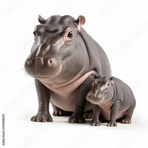 Pygmy hippopotamus and his cub isolated on white background close-up, interesting aquatic animal, ai generative